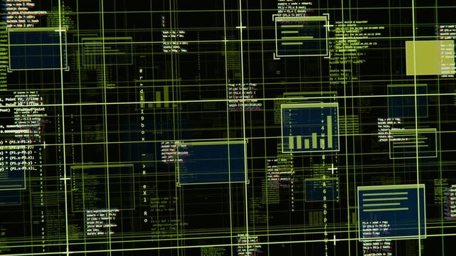 Receiving data, data wireframe updating blue panels and scrolling code for live analysis, neon grid