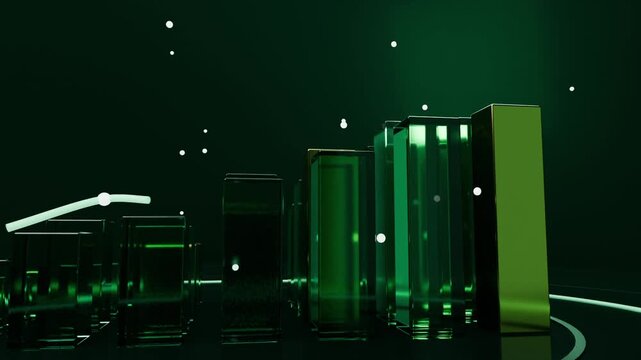 Moving camera revealing glass pillars, gold block on floor, glowing line rising, marker settling