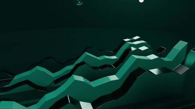 Animating 3D teal ridges with frames moving in studio, drawing white ribbon marker and bars +186%