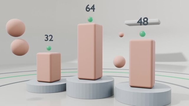Sliding podiums settling in 3D studio, peach columns rising with markers, labels 32,64,48 for data