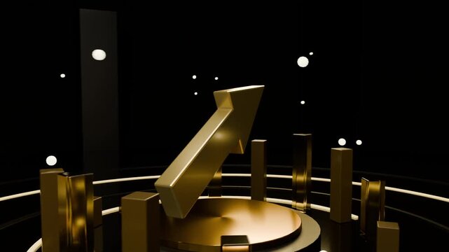 Rotating hub moving golden arrow up-right on base in dark chamber, forming upward motif with bars