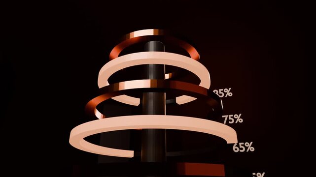 Unwrapping glowing band lighting rings around central pole in dim studio, revealing percent labels