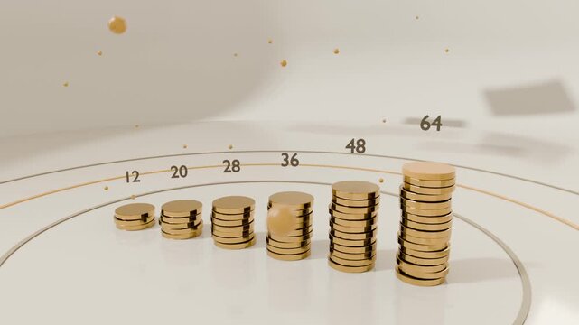 Drifting loose golden discs initiating stack alignment on cream platform, showing labels 12 to 64