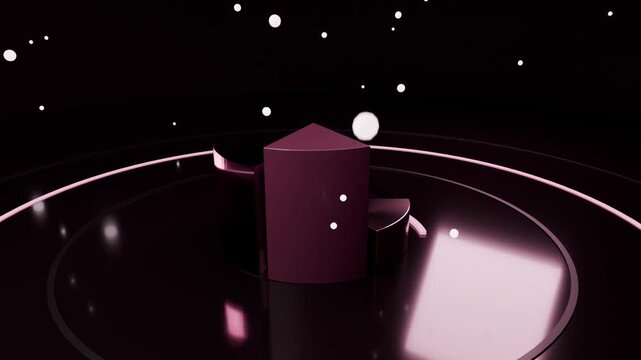 Starting arcs drawing rings, purple stack rising revealing form on floor with orbs orbiting 42%