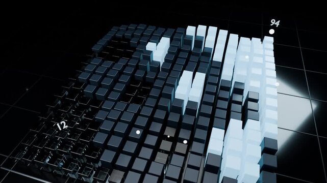 Animating square array rising on glossy plane as icy-blue cubes appearing, forming pixel art 94 12
