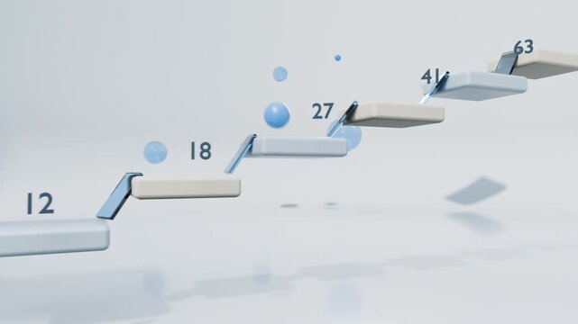 Rolling blue sphere advancing after platforms and ramps align in 3D studio, tracing numeric labels