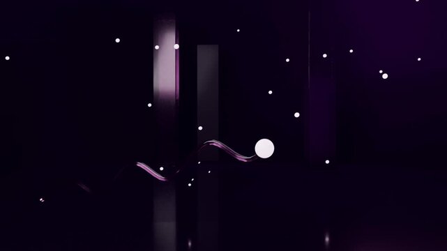 Starting animation, bright white orb rising past purple pillars, leaving double ribbon, copy space