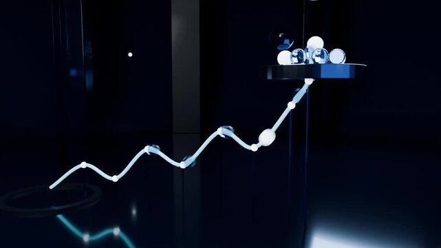 Pulsing cyan 3D line moving from dots across studio, anchoring platform, spheres +128%, copy space