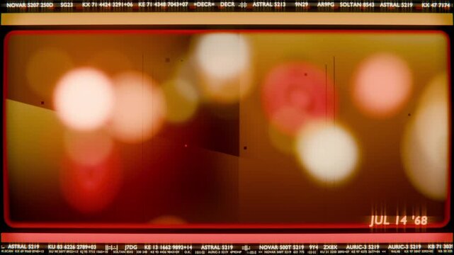 Advancing film strip showing bokeh lights drifting across red frame, JUL 14 '68 revealing depth