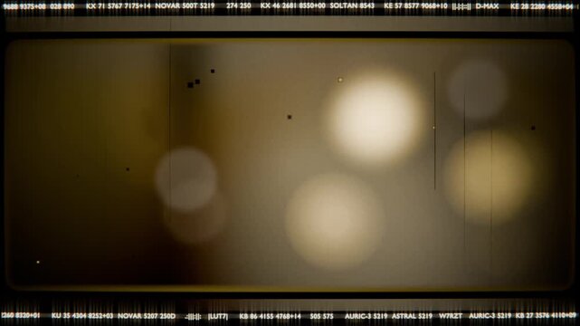Flickering three blurred luminous circles drifting across film gate, revealing text, scratch, dust