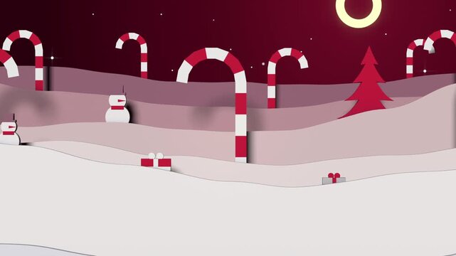 Revealing papercut midground in burgundy sky, canes, snowman and gifts appearing with snow starting