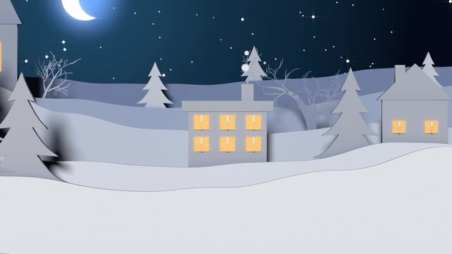 Zooming camera centering two-story house with six glowing windows on snowy hills, starting snowfall