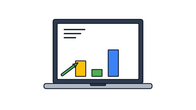 Analytics laptop motion graphics displaying data charts on a green screen background