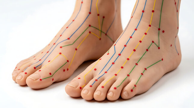 Human Feet with Reflexology Map and Acupressure Points for Alternative Medicine Therapy