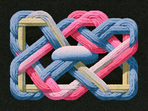 Abstract Celtic Knot with Braided Ropes in Pink, Blue, Yellow, and White