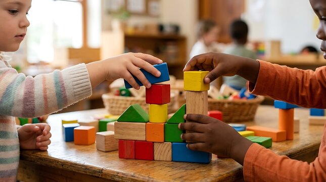 Little children building together with colorful wooden blocks