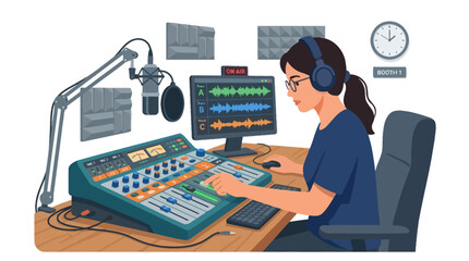 Naklejka premium Female audio engineer working at a sound mixing console.