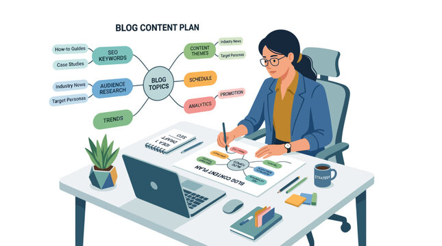 Woman planning blog content strategy on desk.