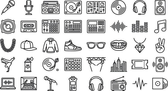 Vector line icon set of hip hop culture music audio equipment dj turntable boombox microphone vinyl record cassette headphones and urban streetwear elements