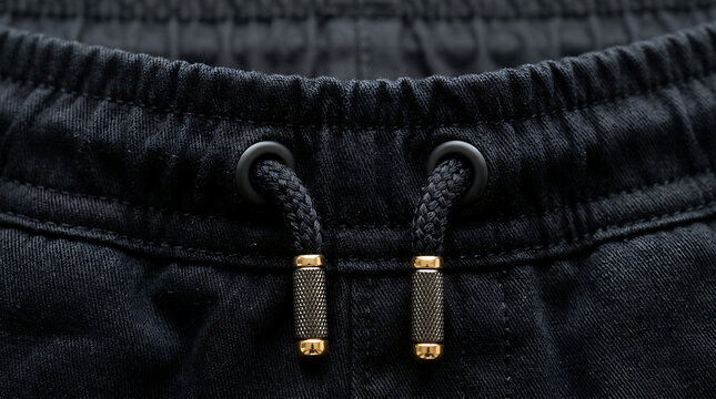 Close-up of black sweatpants waistband with adjustable drawstring and metallic tips