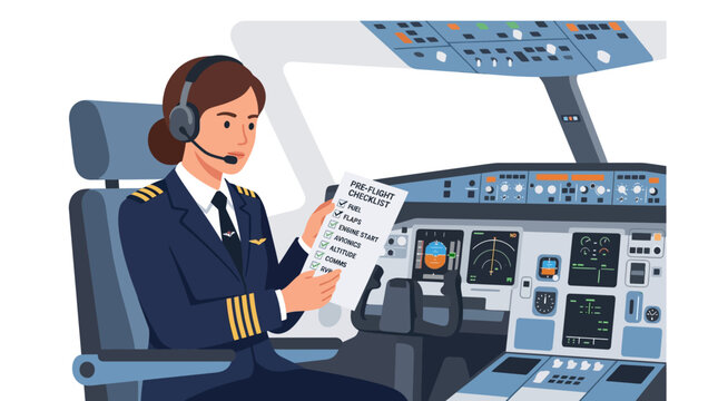 Female airline pilot holding checklist in airplane cockpit.