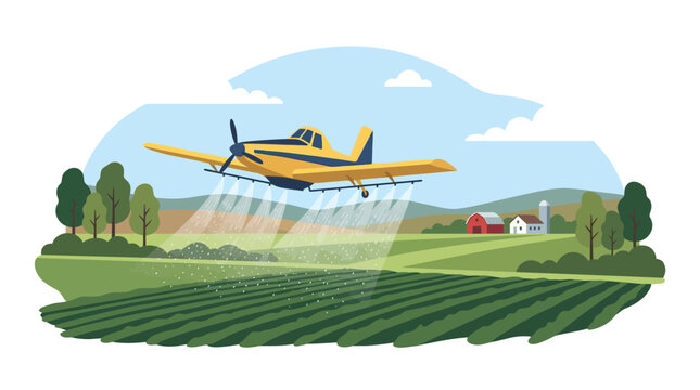 Agricultural crop duster plane spraying rural farm fields.