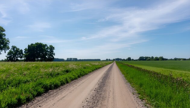 Long straight gravel road through green summer fields