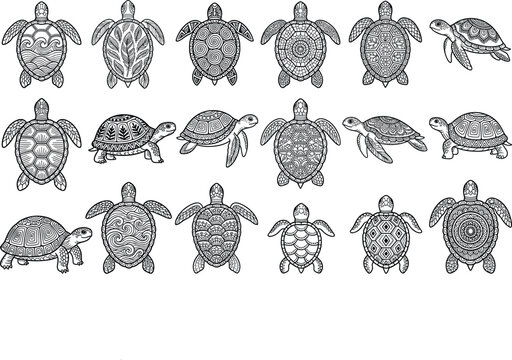 Ornate mandala sea turtle vector set intricate line art tortoises featuring tribal patterns ocean waves floral motifs and decorative zentangle shells