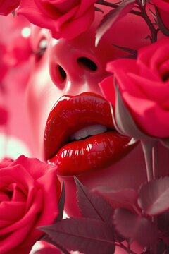 Close up of beautiful woman glossy red lips surrounded by roses