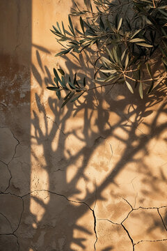 Minimalist organic background with olive leaves and sunlight shadows on plaster