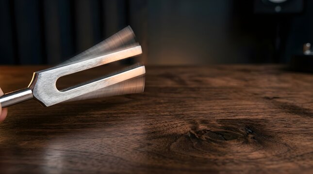 Metal tuning fork vibrating over dark wooden table in professional studio