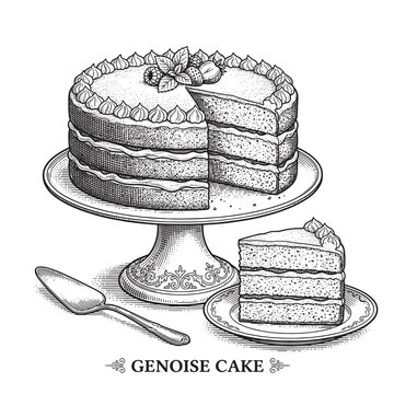 Vintage engraving style illustration of a multi-layer sponge genoise cake decorated with cream frosting, berries, mint, and a slice on a plate with cake server
