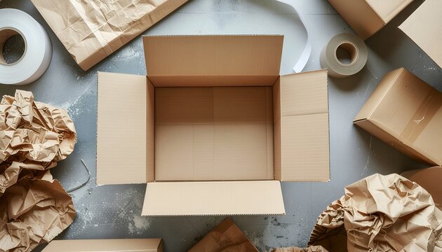 Open Cardboard Box and Packing Materials Top View