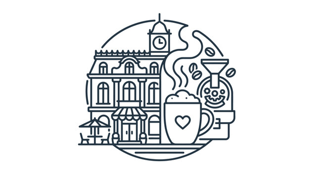 Coffee shop building and brewing equipment illustration with hot beverage