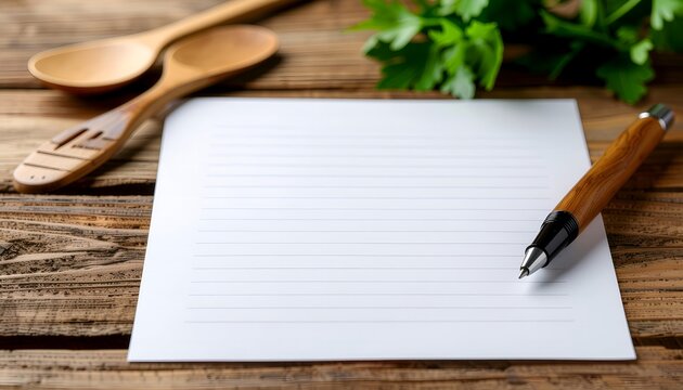 Blank Lined Paper and Pen for Recipe Planning on Wooden Table