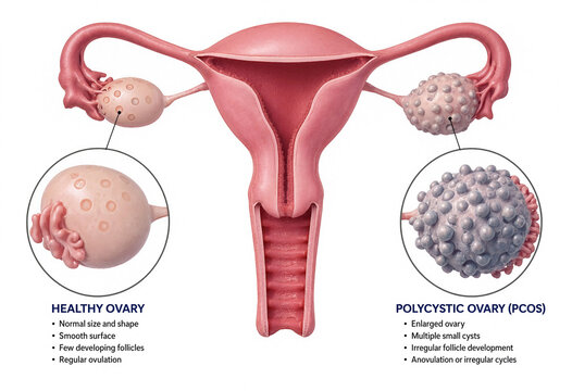 Healthy ovary versus polycystic ovary PCOS medical illustration