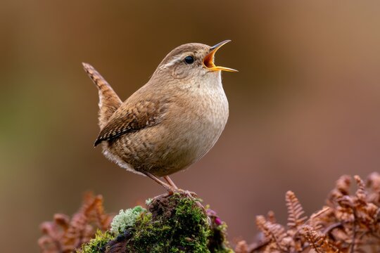 Small Songbird Troglodytes troglodytes Sing Call on Mossy Branch