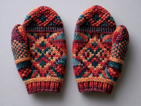 Pair of Colorful Knitted Mittens with Vibrant Patterns, Warm Winter Wear