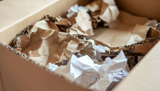 Crumpled cardboard and paper packing material inside a shipping box