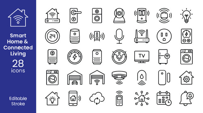 Smart home line icons set, 28 connected living vector symbols. Modern home automation and IoT device outline collection for mobile apps.