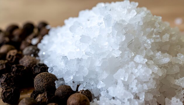 Macro Shot of Coarse Sea Salt Crystals and Whole Black Peppercorns