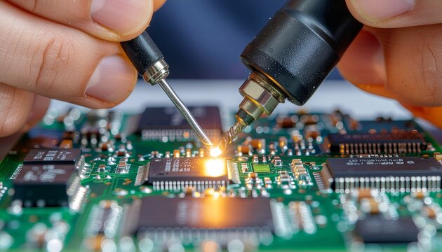 Professional Technician Repairing Microchip on Electronic Circuit Board