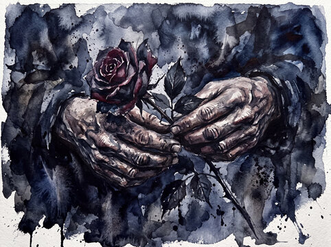 A pair of weathered hands gently holding a dark red rose created with artistic ink washes and painterly textures to express deep emotional sorrow grief and remembrance within a somber composition