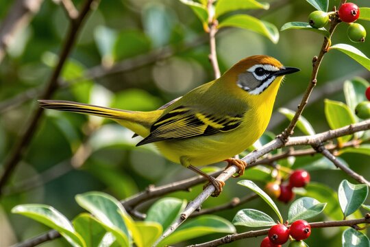 Small yellow bird with brown head, striped wings perches on branch with green leaves, red berries. Bird facing right with beak slightly open, looking alert. Avian species inhabits forests, woodlands,
