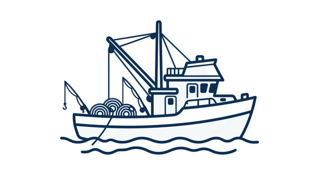 Fishing Trawler Boat Illustration at Sea with Nets and Catch