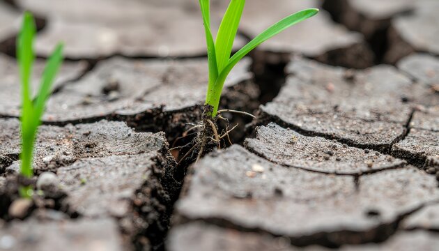 Small Green Plant Sprout Growing from Dry Cracked Earth