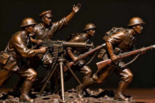 Bronze War Sculpture with Soldiers and Machine Gun