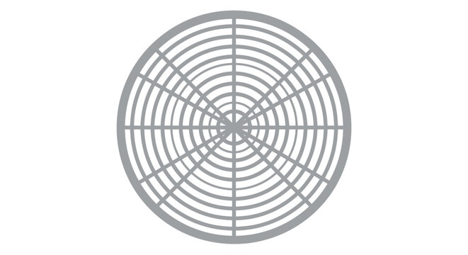 Abstract radial pattern, concentric circles and lines intersection, geometric design, minimalist grey on white background