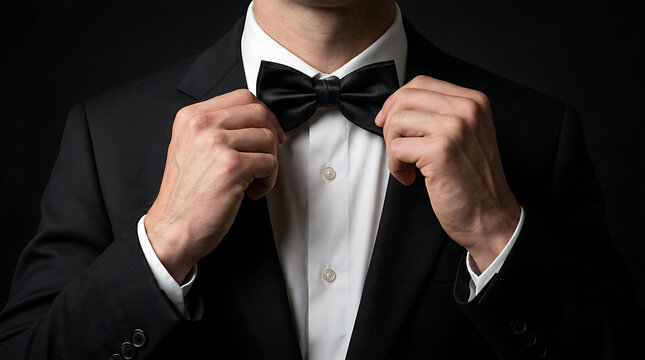 Close-up of a man in a tuxedo adjusting his black bow tie with his hands