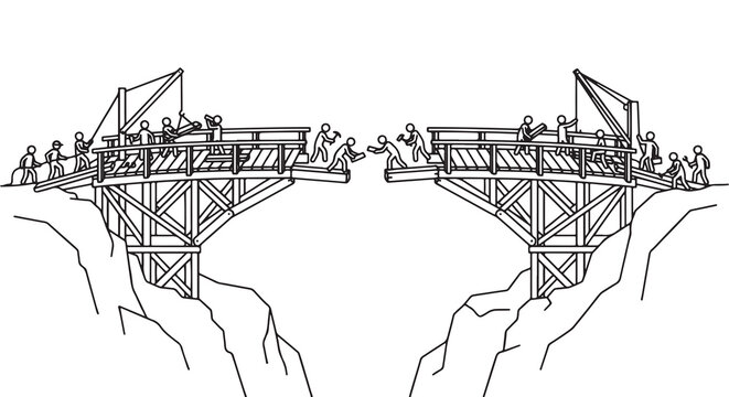 Cartoon illustration of people working together to build a bridge across a canyon.